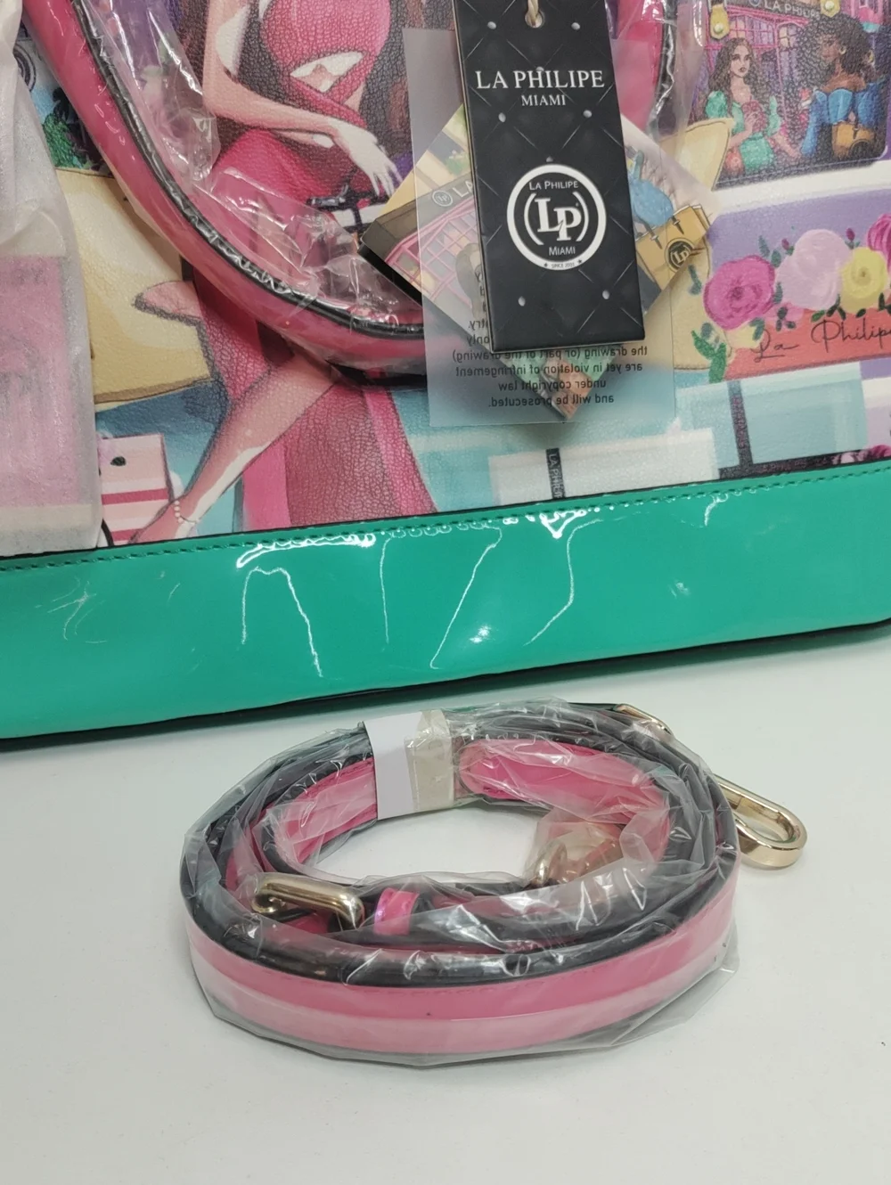 LA Philipe Pink & Teal Graphic Dome Handbag With Strap NWT With Dust Bag.